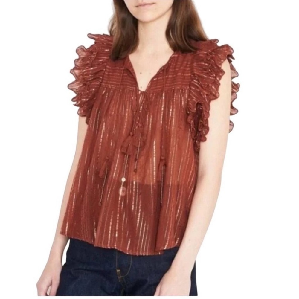Ulla Johnson Cora Mahogany Metallic Flutter Sleeve Top Size 10